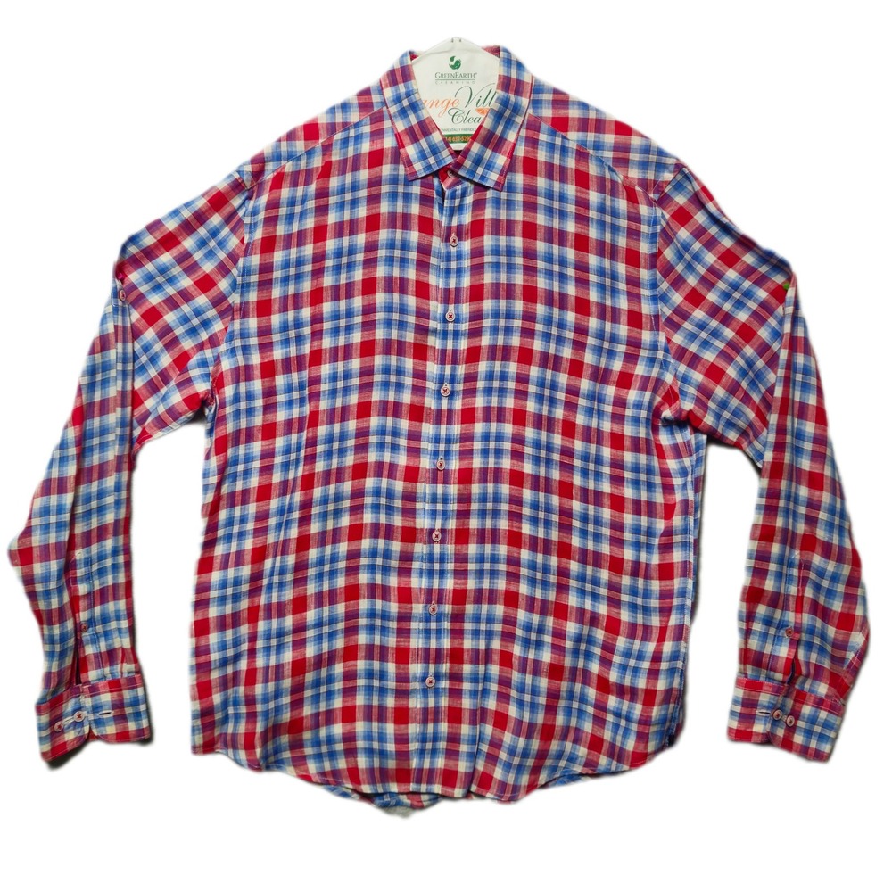 BUGATCHI Mens XL Plaid Linen Button Down Shirt Red Blue Casual Shaped Fit